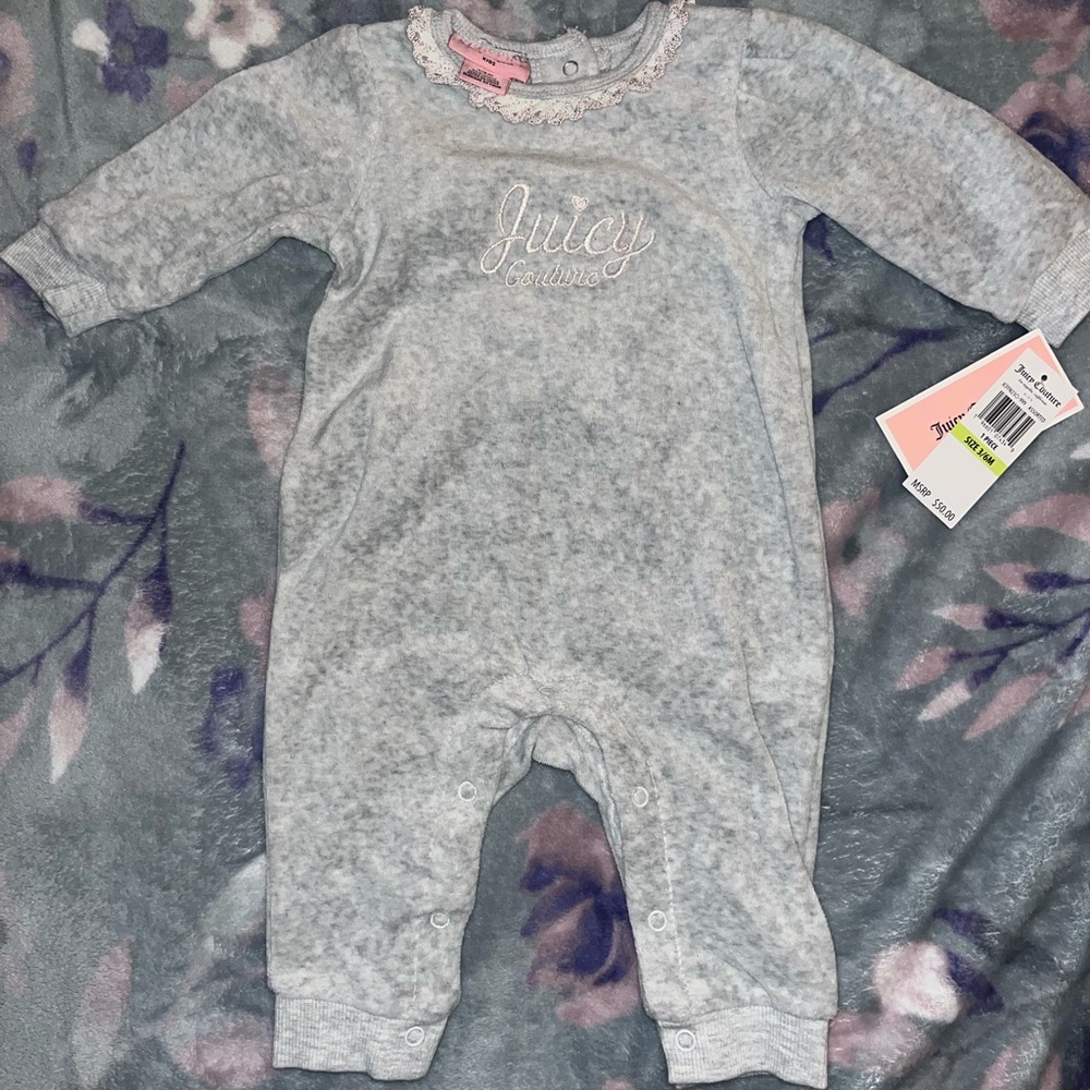 ✨ Grey Velour Juicy Couture Baby Onesie Size 3/6 and 6/9 ✨